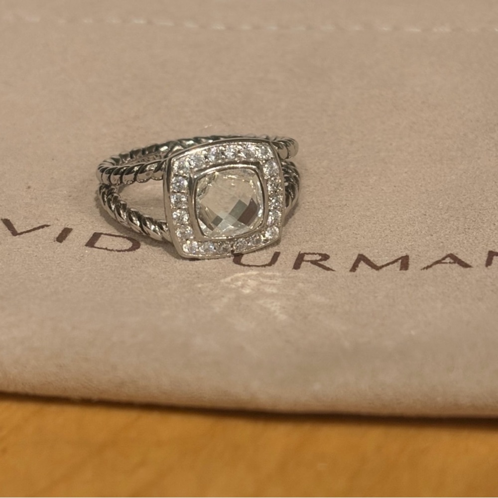 David Yurman Silver Ring with Clear Center Stone and Pavé Halo sz8